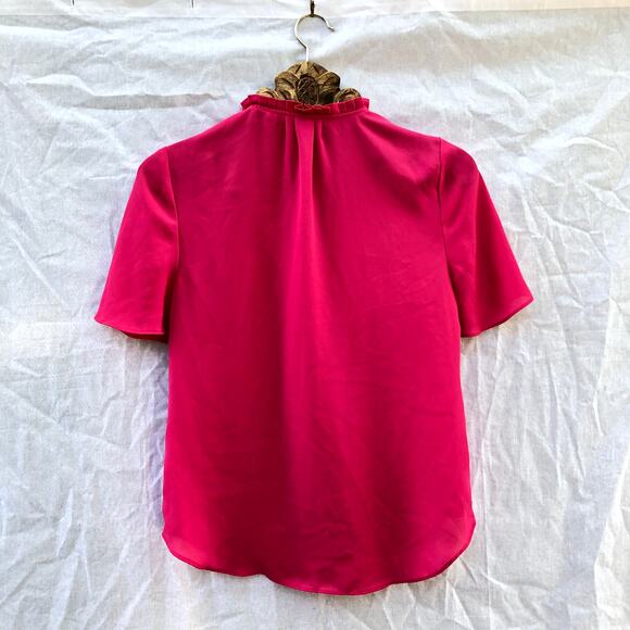 Tahari Top Bright Pink Chiffon High Neck Short Sleeve Small - Picture 2 of 9